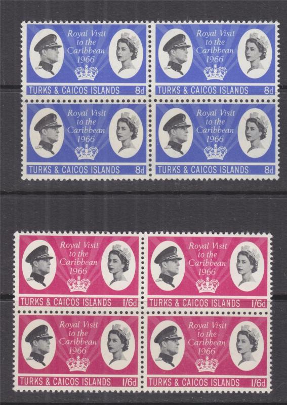 TURKS & CAICOS ISLANDS, 1966 Royal Visit pair, blocks of 4, mnh./hm.