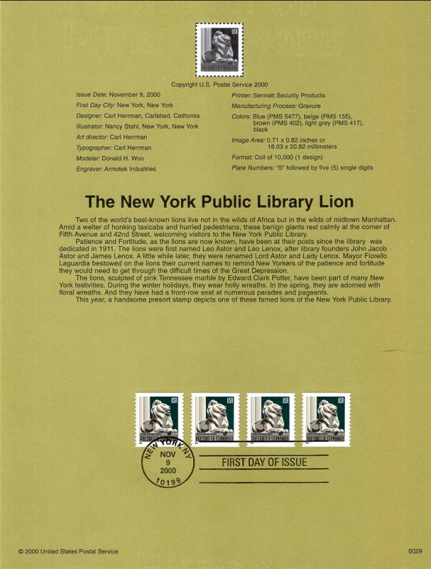 US SP1378 New York Public Lion 3447 Souvenir Page FDC