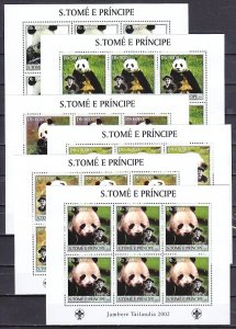 St. Thomas, Scott cat. 1508 a-f. Pandas & Scout Olive Powell, Jamboree sheets. ^