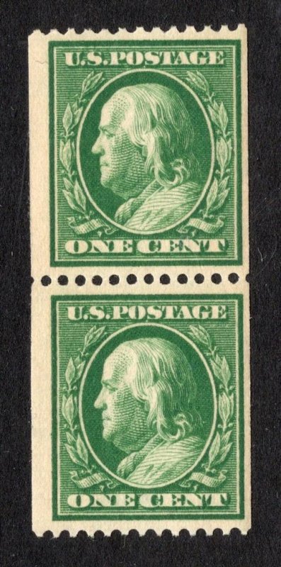 USA 1910 1¢ Horz. Coil Pair, Perf 12, SL, 21.5mm -OG MNH- SC# 385  (ref# 239409)