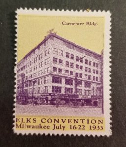 1933 ELKS CONVENTION Milwaukee Wisconsin Poster Cinderella Stamp MNH OG z1967