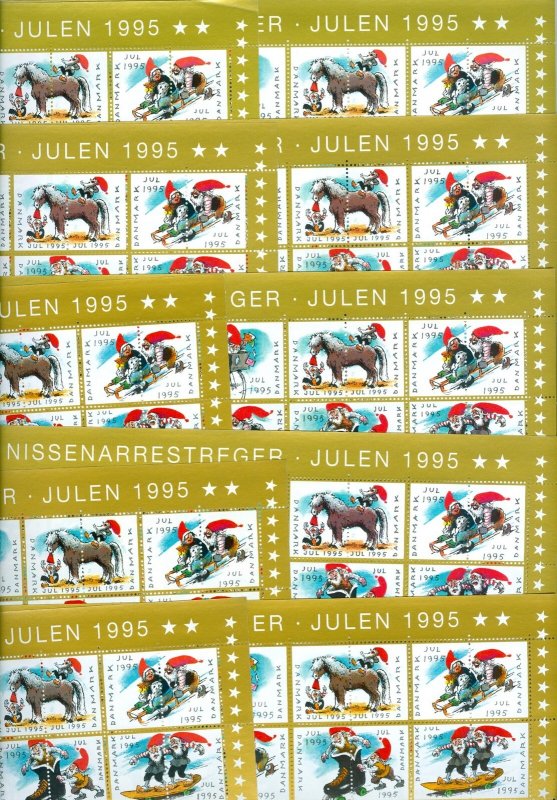 Denmark. 1995. 10 Sheet Christmas Seal. Mnh. Santa,Horses,Bicycle,Cat,Sled,Skate
