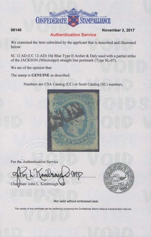 GENUINE CONFEDERATE CSA CERT SCOTT #12 USED BLUE DIE-B JACKSON STRAIGHTLINE SL07