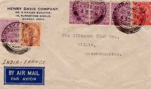 India 1935 Cover Sc 111 112 136 Bombay to Cliquot Club Massachusetts via France