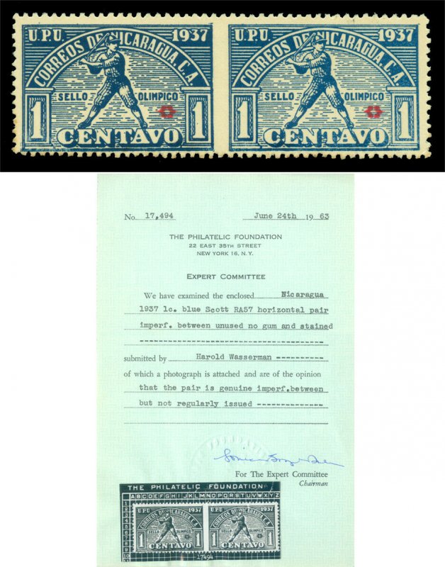 NICARAGUA 1937 Postal Tax  BASEBALL 1c blue Sc# RA57  IMPERF BETWEEN PAIR w/cert