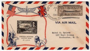 Map 15c airmail single Marine Detachment Saint Lucia 1941 unusual cachet