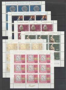 Yugoslavia Sc 1185/1468 MNH. 1974-80 Stamp Centenary, EUROPA-CEPT, mini-sheets