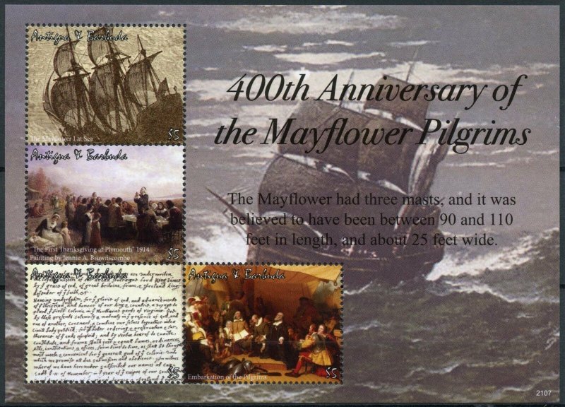 Antigua & Barbuda Ships Stamps 2021 MNH Mayflower Pilgrims 400th Anniv 4v M/S