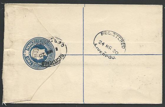 SIERRA LEONE 1920 GV 2d small registered envelope used to UK...............56809