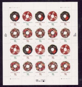 USA-Sc#3249-52- id12-unused NH sheet-Christmas Wreaths-1998-