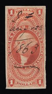 EXCEPTIONAL GENUINE SCOTT #R68a 1862-71 $1 REVENUE - FOREIGN EXCHANGE 1863 USAGE