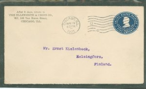 US U393 1905 5c Lincoln oval postal stamped envelope with a Chicago machine cancel to Helsingfors, England