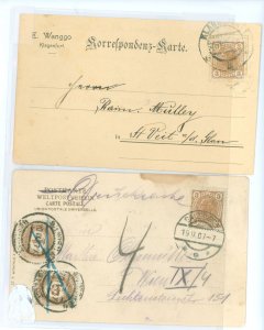 Austria 88/J10/J12 2 items: 1) 3 heller (88) pays printed matter rate on a printed pc. 2) attempted used 3 heller (88) to pay a