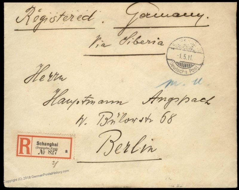 Germany 1911 China SCHANGHAI Shanghai Registered Cover Russia Bank 84799