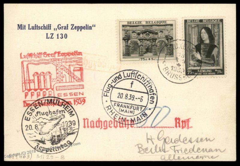 Belgium 1939 Zeppelin Germany Si463 Deutschlandfahrt LZ130 Flight Flown Co 90722