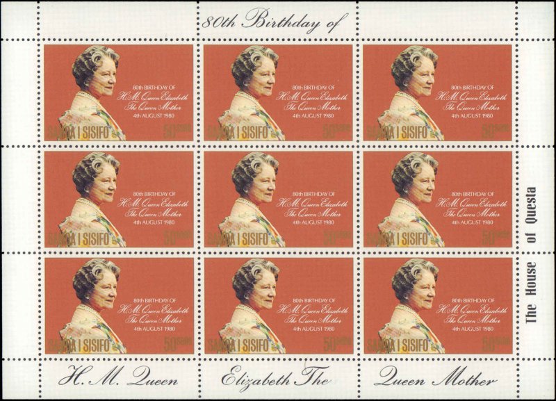 Samoa #532, Complete Set, Sheet of 9, 1980, Royalty, Never Hinged