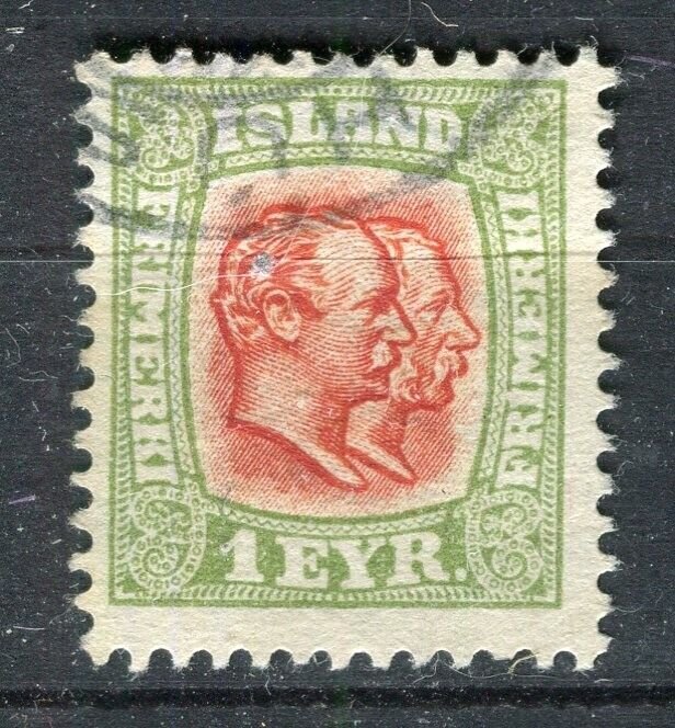ICELAND; 1907 early Double Kings issue fine used 1e. value