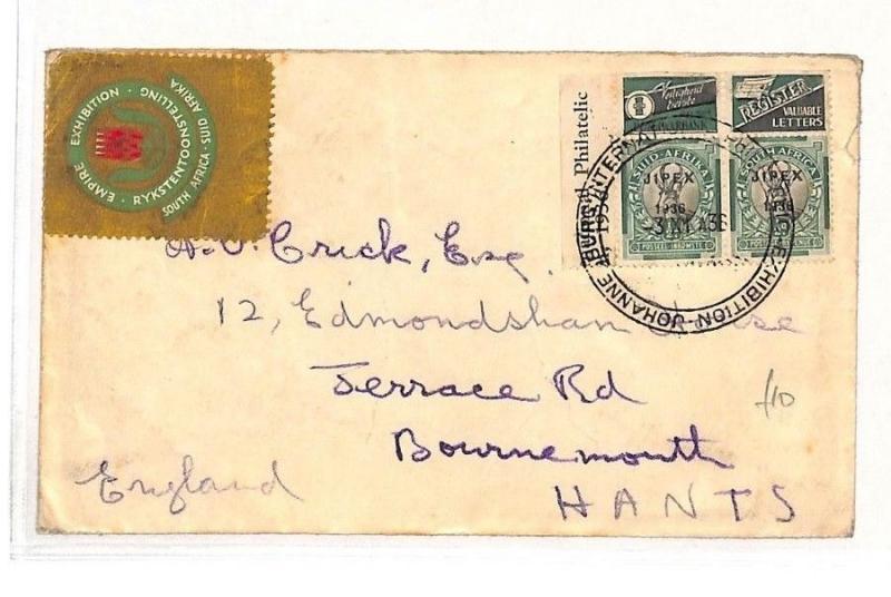 AH128 1936 South Africa Johannesburg Philatelic Exhibition Cover Hants GB PTS