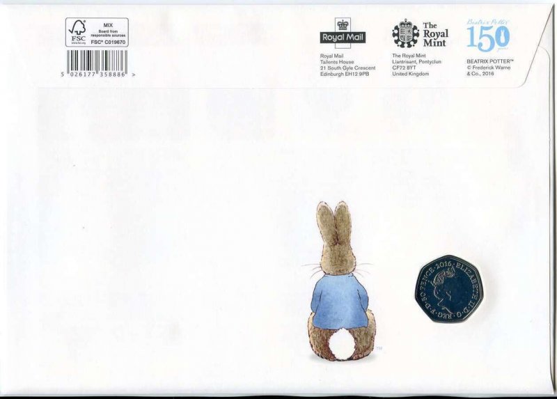 ROYAL MINT 2016 THE TALE OF PETER RABBIT 50p COIN/ FIRST DAY COVER