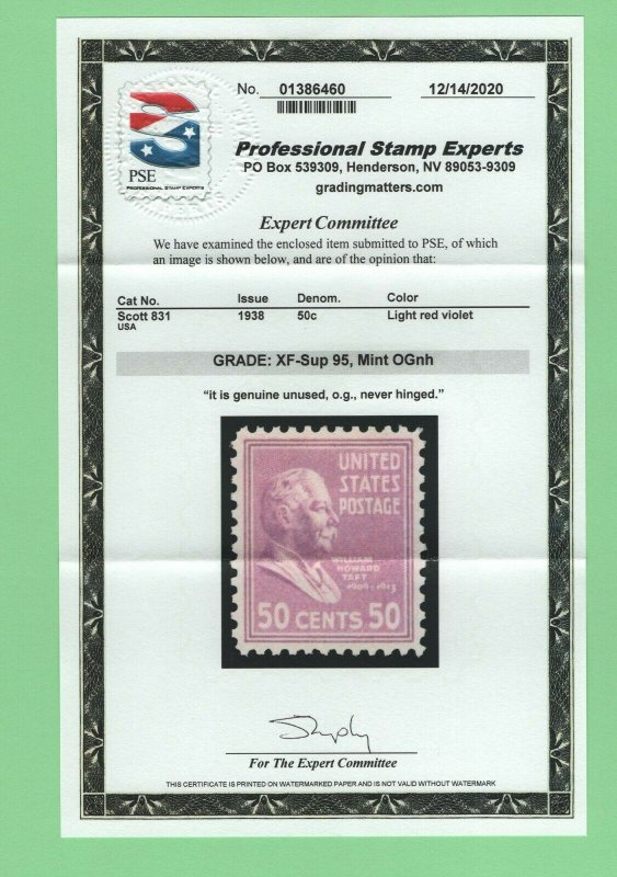 $US Sc#831 PSE Graded Cert. M/NH/XF-Sup 95, SMQ $30