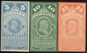 1875 Newspaper Proofs On Card  Sc# PR2p4a, PR3p4a, PR4p4a  Cv. $260