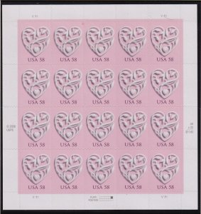 2007 Wedding Pink Hearts Sc 4152 mint 58c sheet of 20 double postal rate 