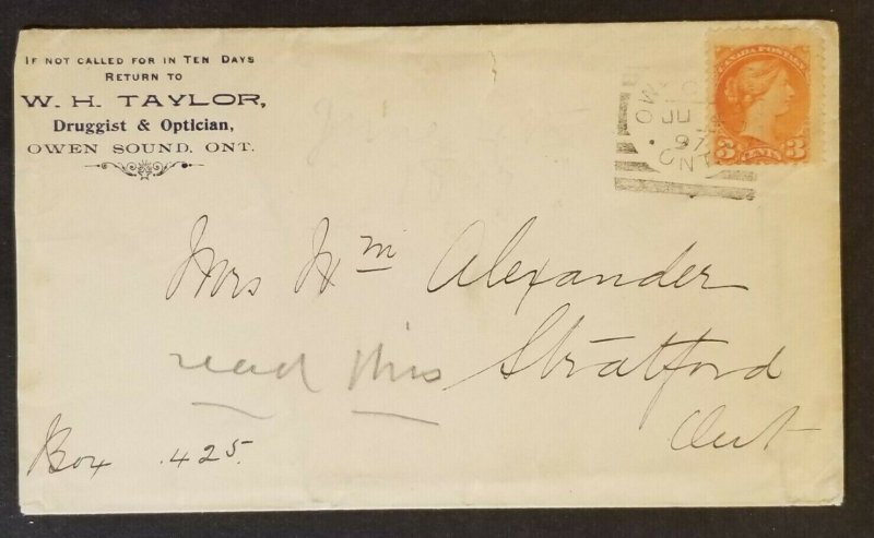 1897 Owen Sound Stratford Ontario Canada WH Taylor Opticians Advertising Cover