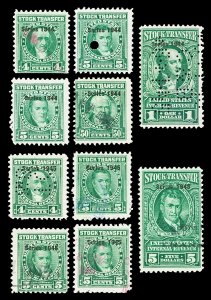 Scott RD165//RD200 1944-1945 4c-$5 Dated Green Stock Transfer Revenues Used F-VF