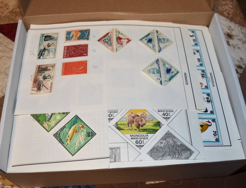 Boxed Lot of Remnant Album Pages, Stamps, Old Department Store Sets & More