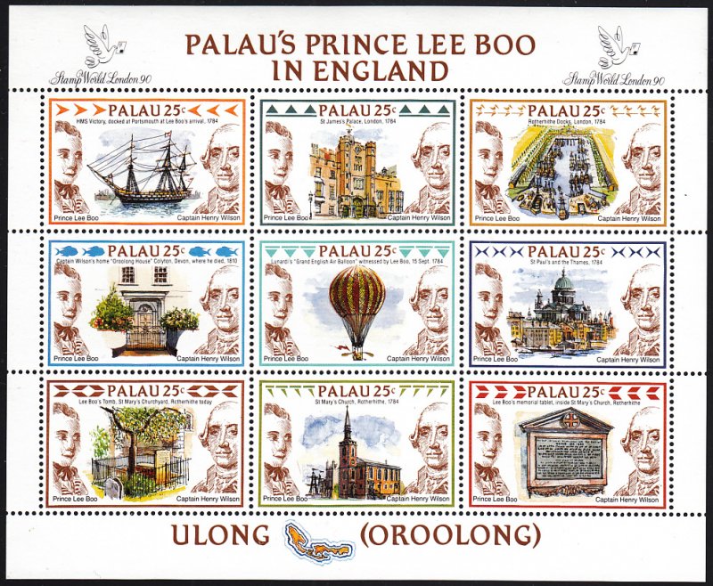 Palau 1989 MNH Sc 235 Sheetlet of 9 25c Palau's Prince Lee Boo in England