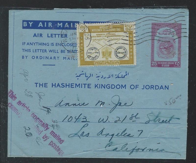 JORDAN  (P2209B) 1956 25F AEROGRAMME+20 F CANCEL WASHINGTON DC, POSTED IN JORDAN