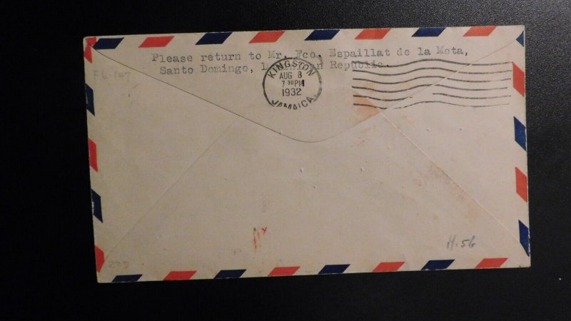 1932 Dominican Republic Airmail First Flight Cover FFC Santo Domingo to Kingston