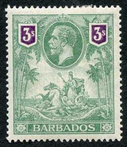 Barbados SG180 1912 3/- Green and Violet M/Mint (hinge remainder)