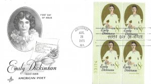 1971 FDC, #1436, 8c Emily Dickinson, Art Craft, plate block