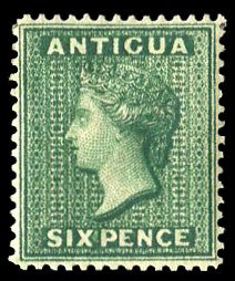 Antigua #19 Cat$77.50, 1882 6p deep green, hinged