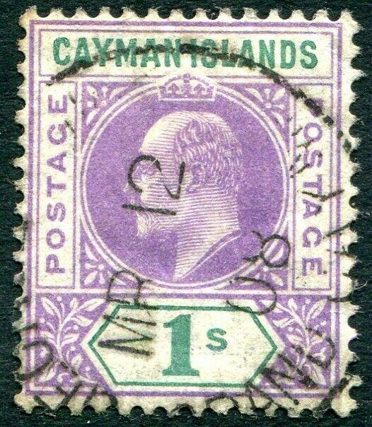 CAYMAN ISLANDS-1907  1/- Violet & Green Sg 15 GOOD USED V30282