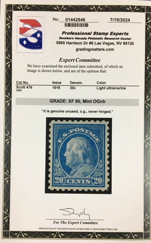 MOMEN: US STAMPS #476 MINT OG NH PSE GRADED CERT XF-90 LOT #91716