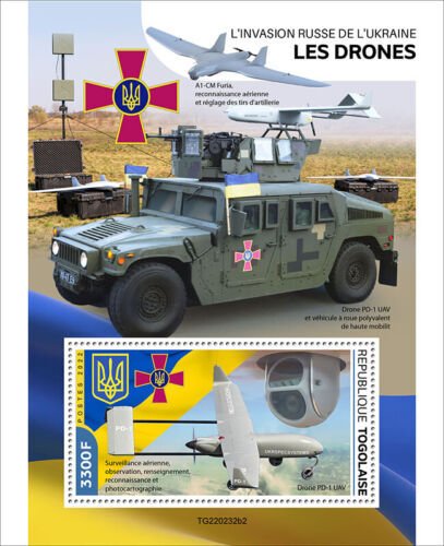 TOGO 2022 RUSSIAN INVASION OF THE UKRAINE DRONES SET OF TWO  S/SHEETS  MINT NH 