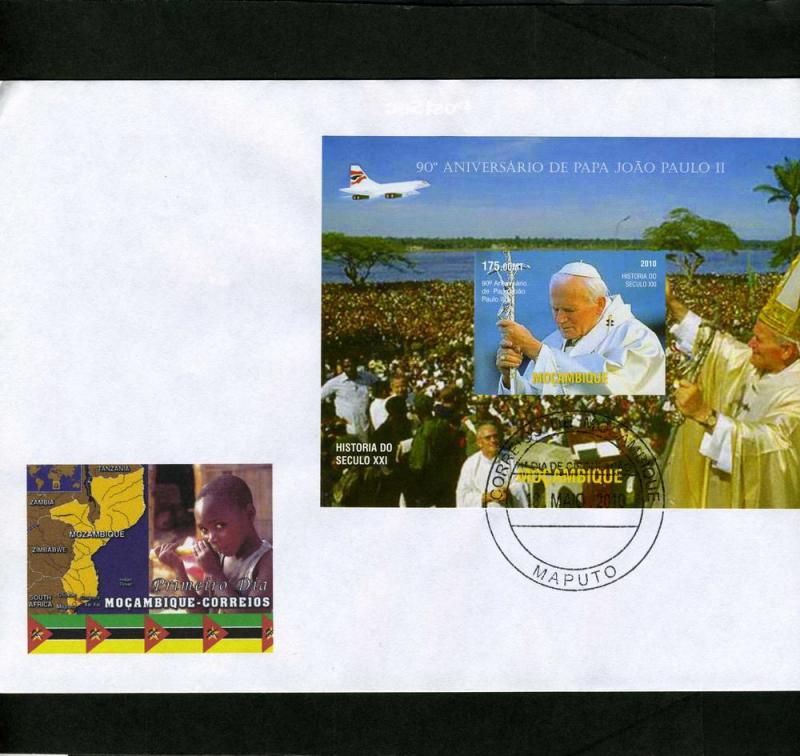 Mozambique 2010 Pope John Paul II-Concorde s/s Imperforated in official FDC