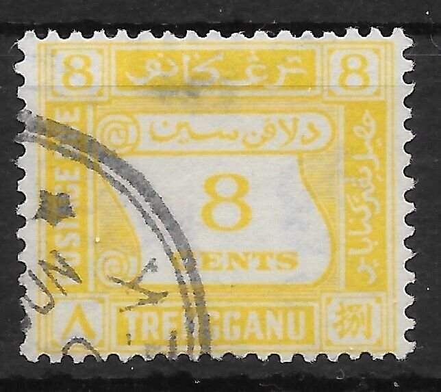 MALAYA TRENGGANU SGD3 1937 8c YELLOW POSTAGE DUE USED - THINNED (r)