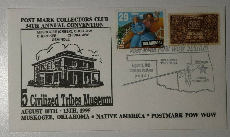 Muskogee Ok Native American Postmark Pow Wow 1995  Philatelic Expo Cachet Cover