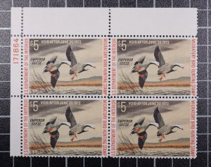 Scott RW39 1972 $5.00 Duck Stamp MNH Plate Block UL 171864 SCV - $125.00