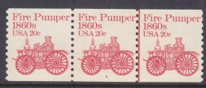 US 1908 20¢ Fire Pumper PNC Strip of 3 Plate #5 Line