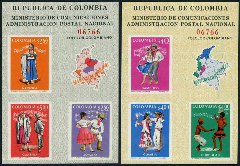 Colombia 797-798 ac sheets, MNH. Michel Bl.33-34. Dancers and Music, 1971.