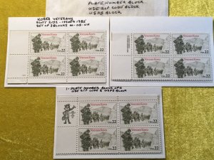 KOREA VETERANS, SET 3 PLATES OF 4 , MOGNH,PLATE#-USPS- USE ZIP CODE- 1985-HS9