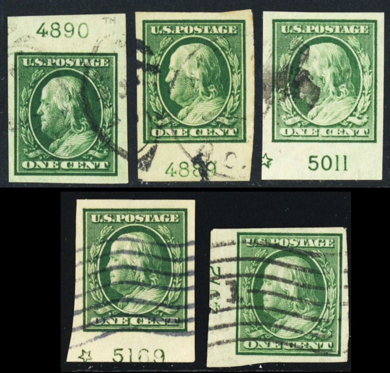 343, Five Used 1¢ Stamps All With Plate Numbers SCV $25.00 * Stuart Katz
