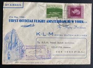 1946 Amsterdam Netherlands First Flight Airmail Cover To New York Usa KLM