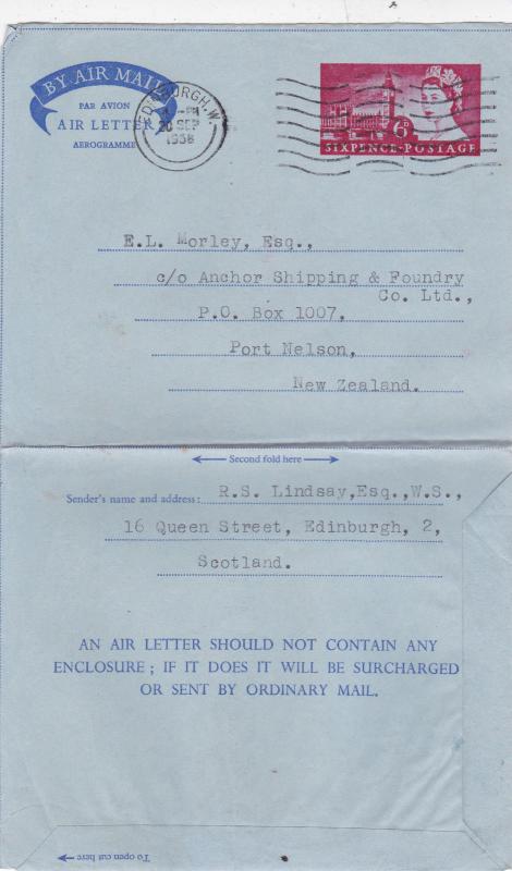 GB 1958 6d Air letter Edinburgh-Port Nelson New Zealand VGC