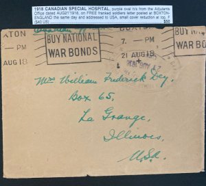 1918 Canadian Special Hospital Stampless Cover To La Grange IL Usa