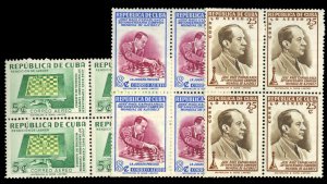 Cuba #C44-46 Cat$116+, 1945 World Chess Title, set of three in blocks of four...